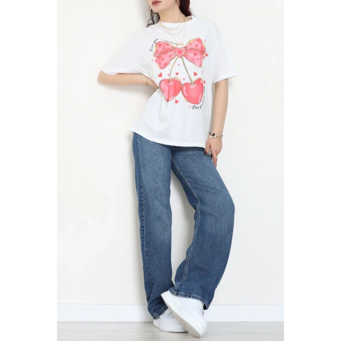 Baskılı Kompakt Penye Tişört Beyazkırmızı - 55044.1872.