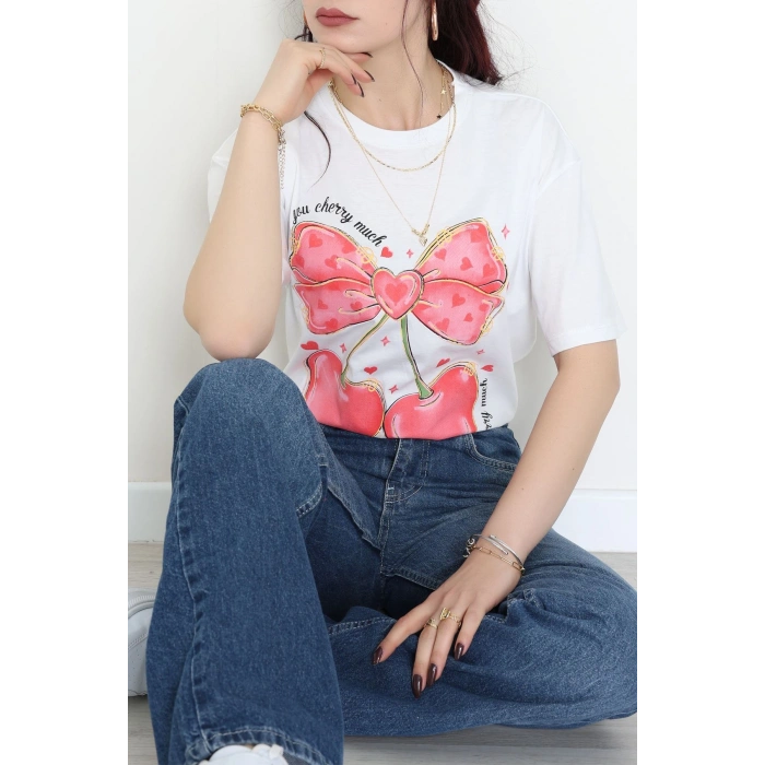 Baskılı Kompakt Penye Tişört Beyazkırmızı - 55044.1872.