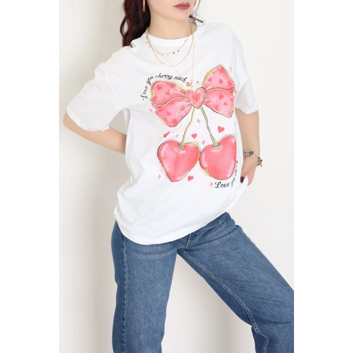 Baskılı Kompakt Penye Tişört Beyazkırmızı - 55044.1872.