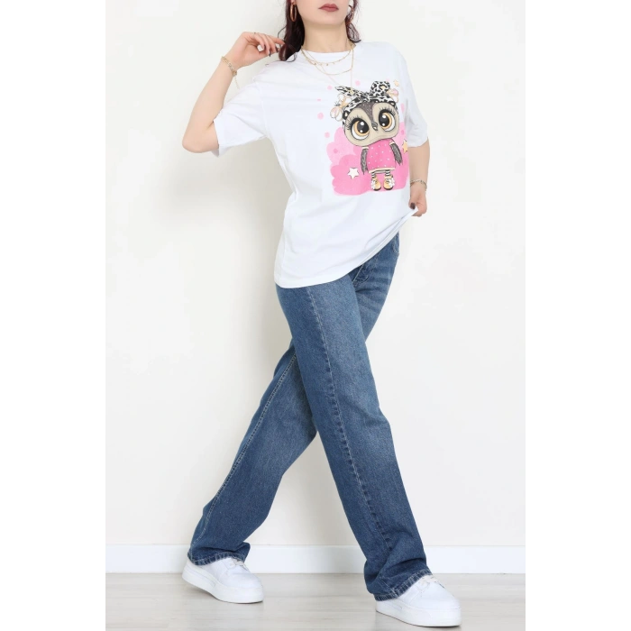 Baskılı Kompakt Penye Tişört Beyazleopar - 55044.1872.