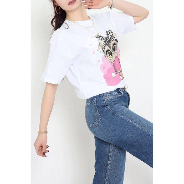 Baskılı Kompakt Penye Tişört Beyazleopar - 55044.1872.