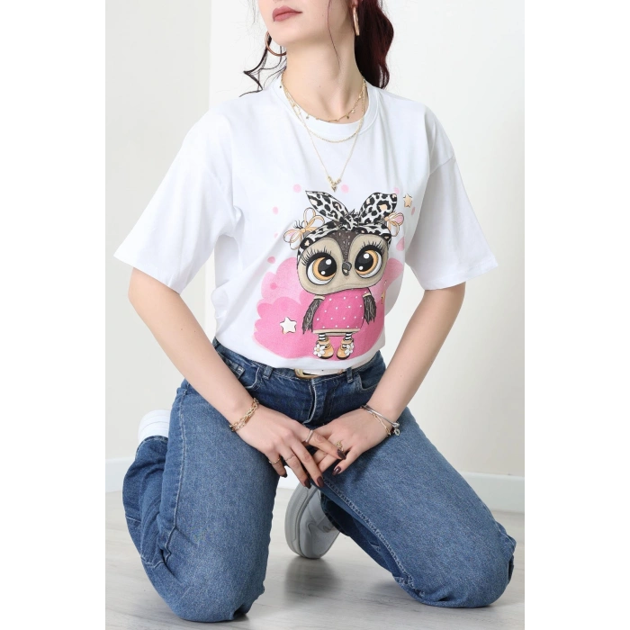 Baskılı Kompakt Penye Tişört Beyazleopar - 55044.1872.