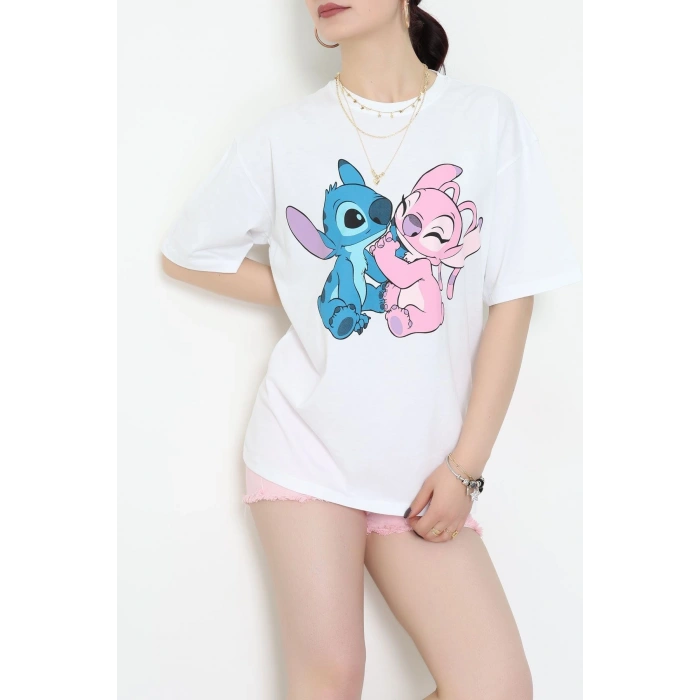 Baskılı Kompakt Penye Tişört Beyazpembe - 55044.1872.