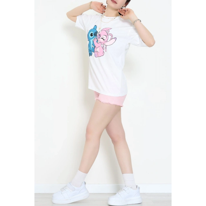 Baskılı Kompakt Penye Tişört Beyazpembe - 55044.1872.