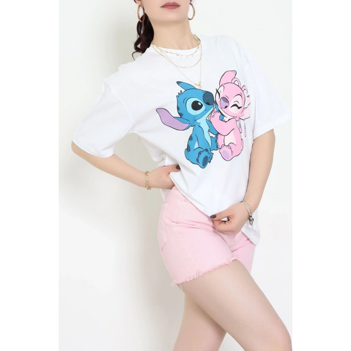 Baskılı Kompakt Penye Tişört Beyazpembe - 55044.1872.