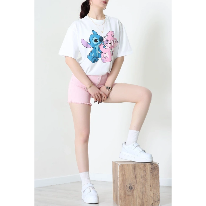 Baskılı Kompakt Penye Tişört Beyazpembe - 55044.1872.