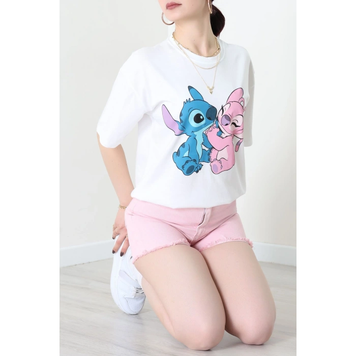 Baskılı Kompakt Penye Tişört Beyazpembe - 55044.1872.