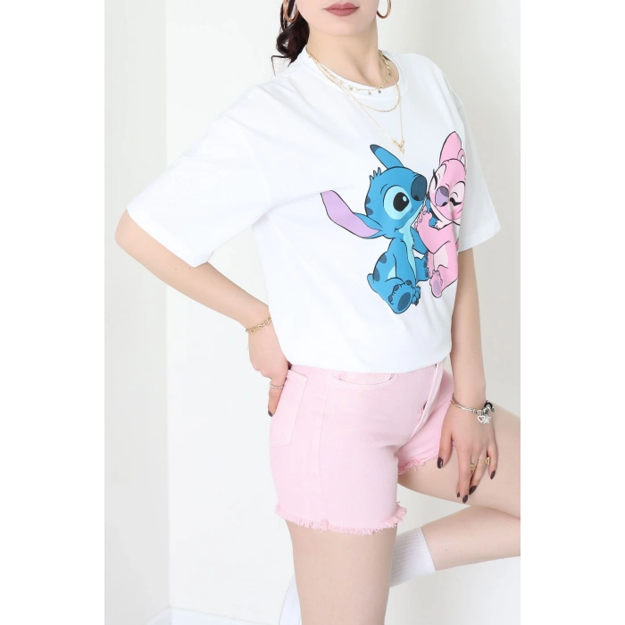 Baskılı Kompakt Penye Tişört Beyazpembe - 55044.1872.