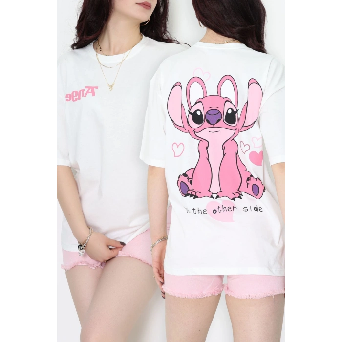 Baskılı Kompakt Penye Tişört Beyazpembe1 - 55044.1872.