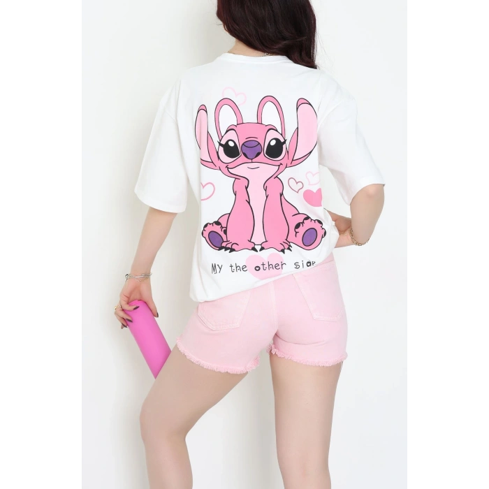 Baskılı Kompakt Penye Tişört Beyazpembe1 - 55044.1872.