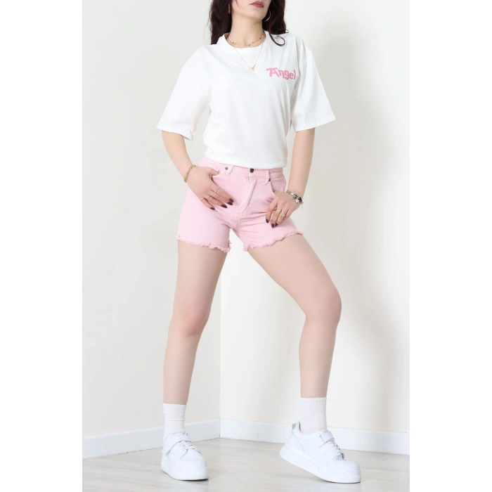 Baskılı Kompakt Penye Tişört Beyazpembe1 - 55044.1872.