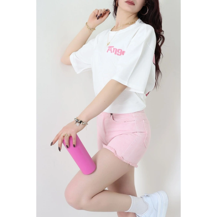 Baskılı Kompakt Penye Tişört Beyazpembe1 - 55044.1872.