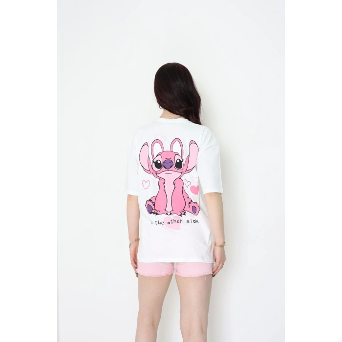 Baskılı Kompakt Penye Tişört Beyazpembe1 - 55044.1872.