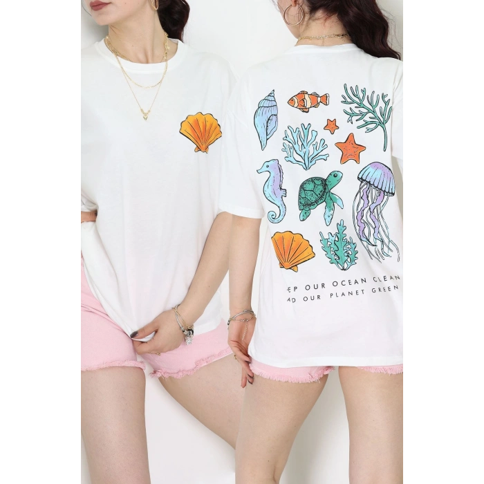 Baskılı Kompakt Penye Tişört Beyazturuncu - 55044.1872.