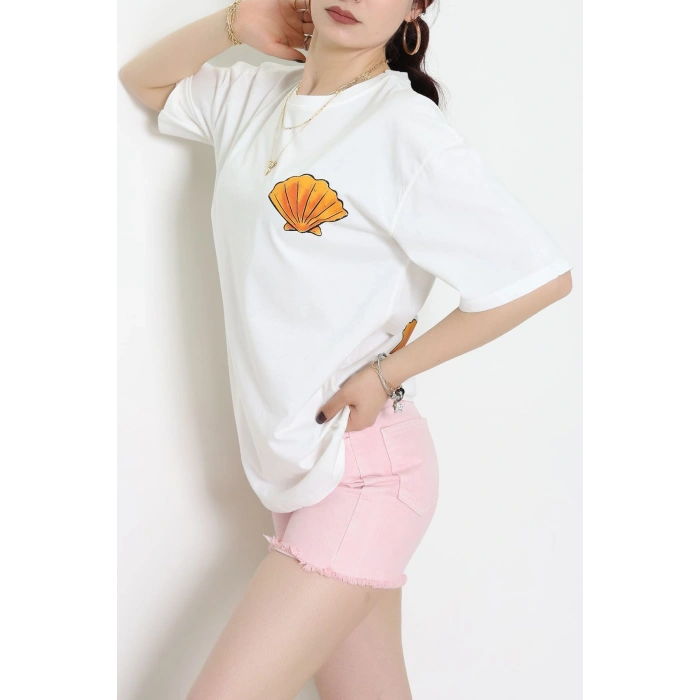 Baskılı Kompakt Penye Tişört Beyazturuncu - 55044.1872.