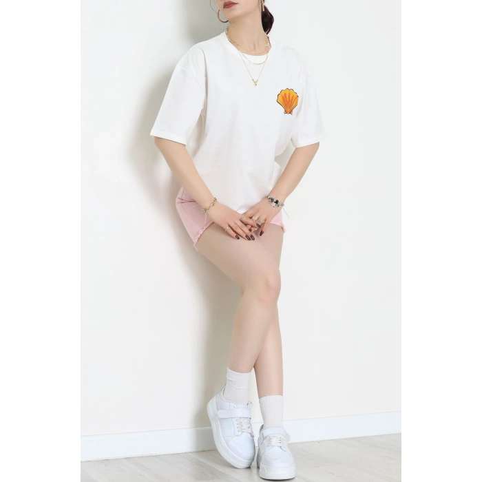 Baskılı Kompakt Penye Tişört Beyazturuncu - 55044.1872.