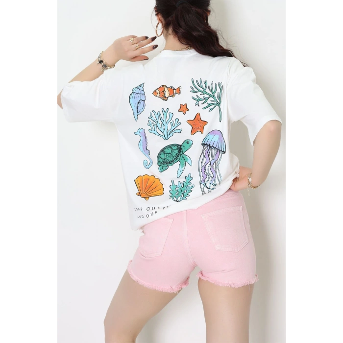 Baskılı Kompakt Penye Tişört Beyazturuncu - 55044.1872.