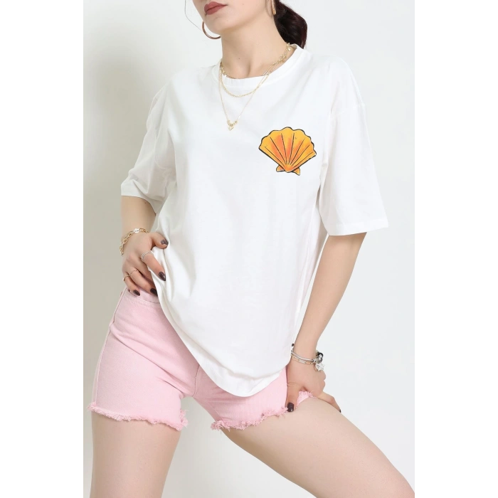 Baskılı Kompakt Penye Tişört Beyazturuncu - 55044.1872.