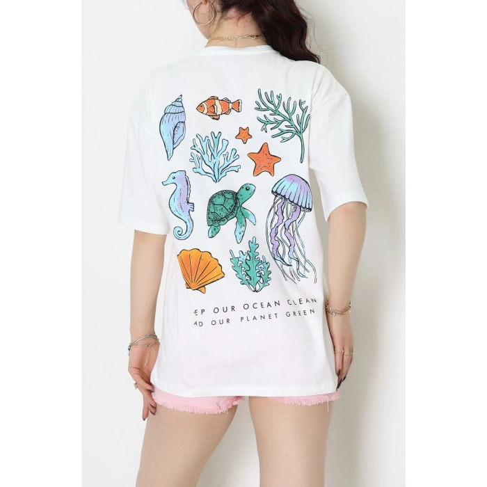 Baskılı Kompakt Penye Tişört Beyazturuncu - 55044.1872.