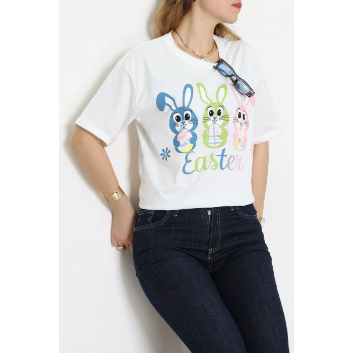 Baskılı Kompakt Penye Tişört Beyazyeşil - 55044.1872.