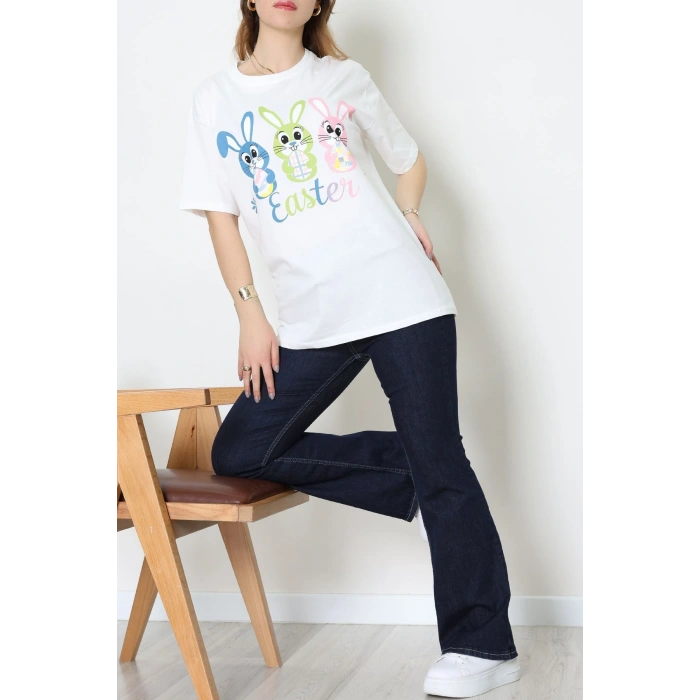 Baskılı Kompakt Penye Tişört Beyazyeşil - 55044.1872.