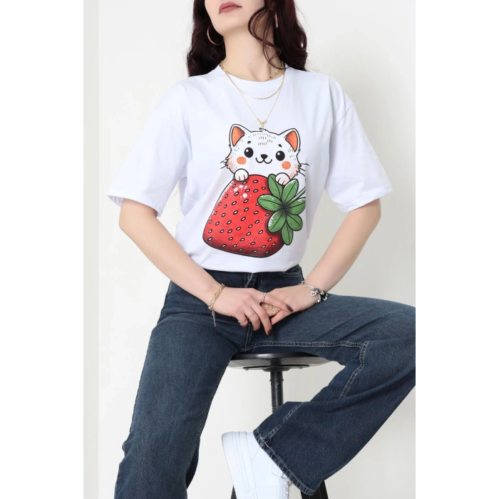 Baskılı Kompakt Penye Tişört Beyazyeşil1 - 55044.1872.