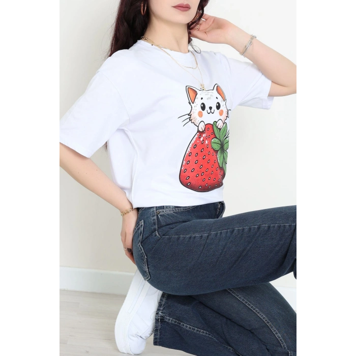 Baskılı Kompakt Penye Tişört Beyazyeşil1 - 55044.1872.