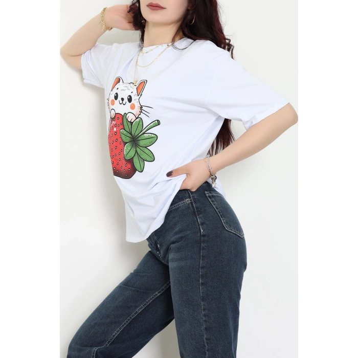 Baskılı Kompakt Penye Tişört Beyazyeşil1 - 55044.1872.