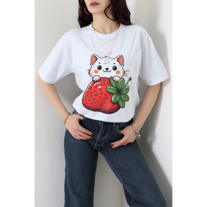 Baskılı Kompakt Penye Tişört Beyazyeşil1 - 55044.1872.