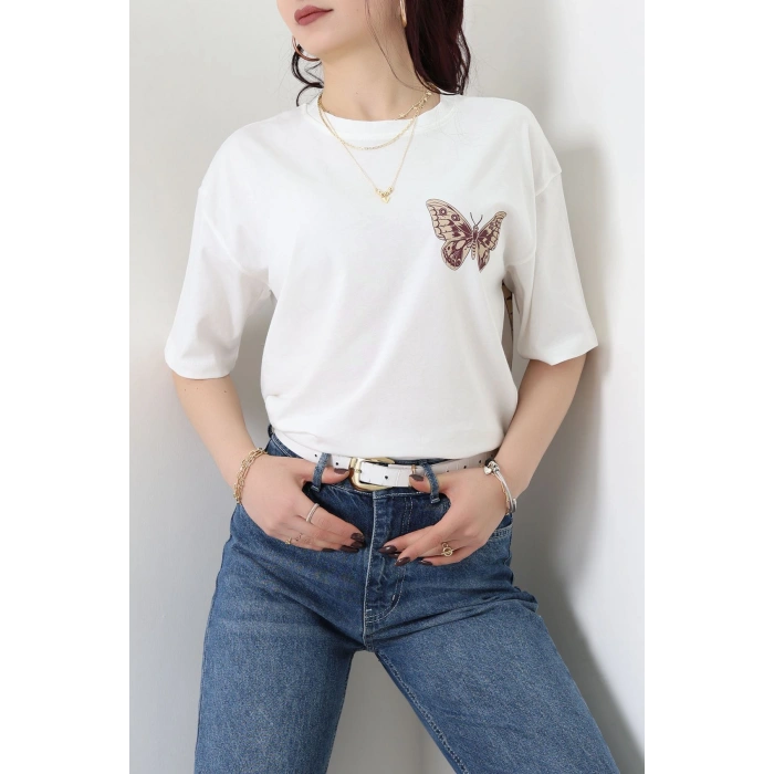 Baskılı Kompakt Penye Tişört Ekrukahve - 55044.1872.