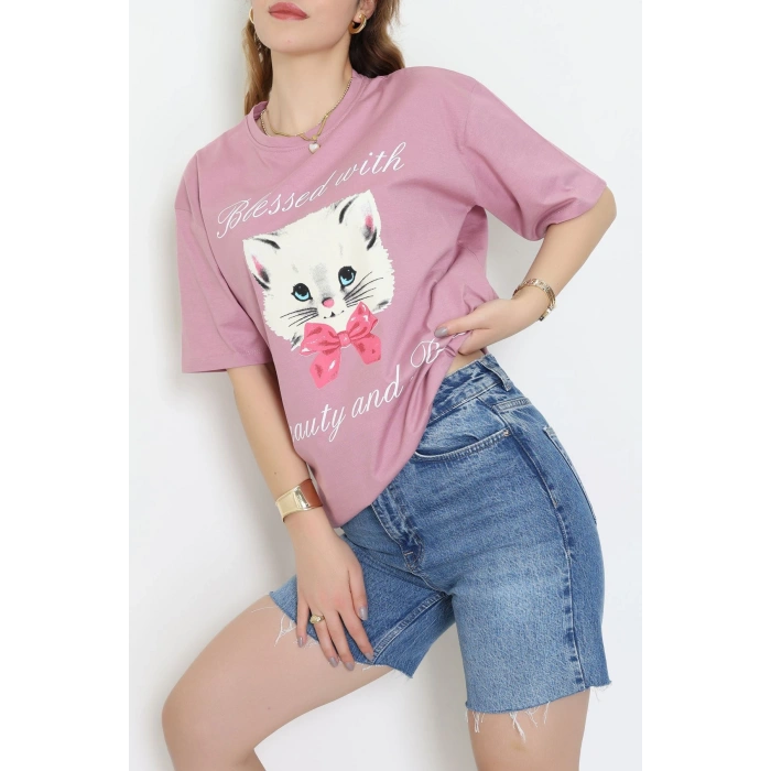 Baskılı Kompakt Penye Tişört Gülkurusu - 55044.1872.