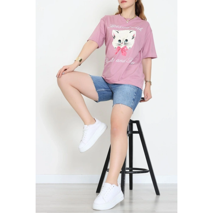 Baskılı Kompakt Penye Tişört Gülkurusu - 55044.1872.