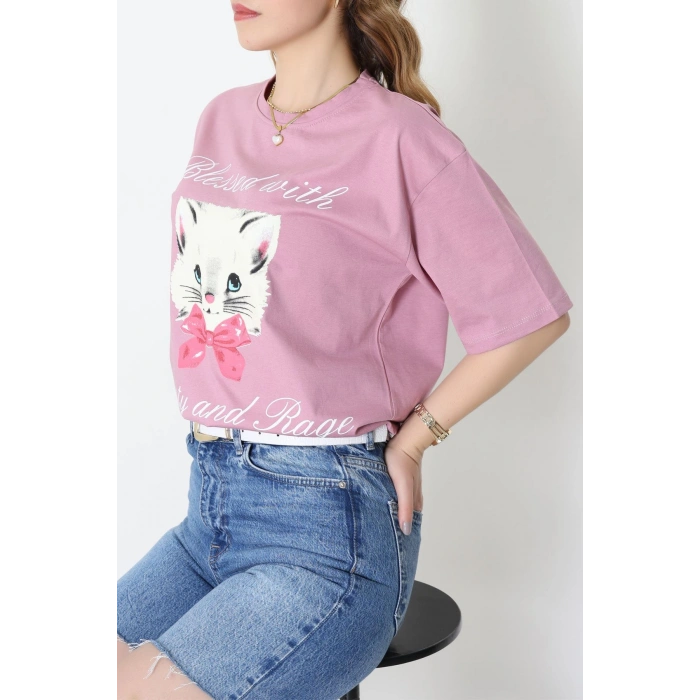 Baskılı Kompakt Penye Tişört Gülkurusu - 55044.1872.