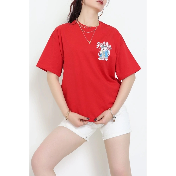 Baskılı Kompakt Penye Tişört Kırmızımavi - 55044.1872.