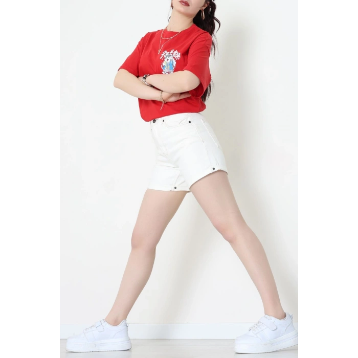 Baskılı Kompakt Penye Tişört Kırmızımavi - 55044.1872.