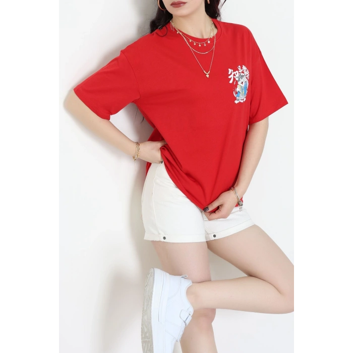 Baskılı Kompakt Penye Tişört Kırmızımavi - 55044.1872.