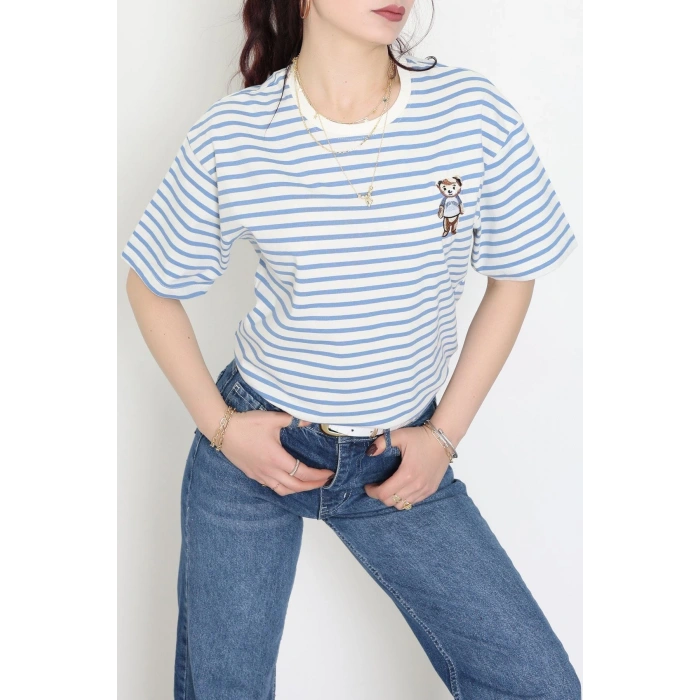 Baskılı Kompakt Penye Tişört Kremmavi - 55044.1872.