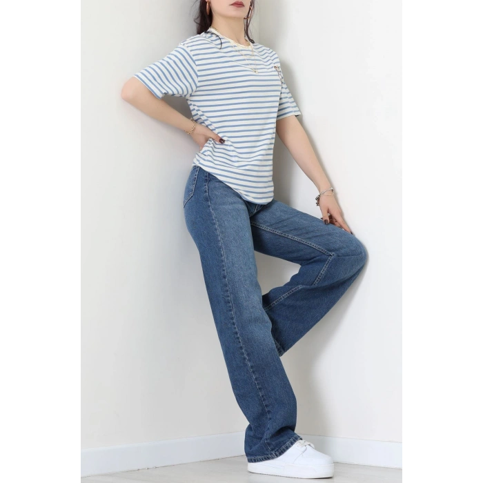 Baskılı Kompakt Penye Tişört Kremmavi - 55044.1872.