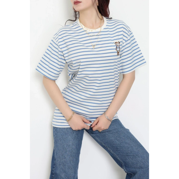 Baskılı Kompakt Penye Tişört Kremmavi - 55044.1872.