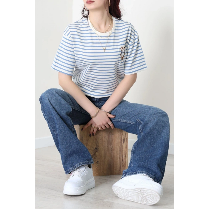 Baskılı Kompakt Penye Tişört Kremmavi - 55044.1872.