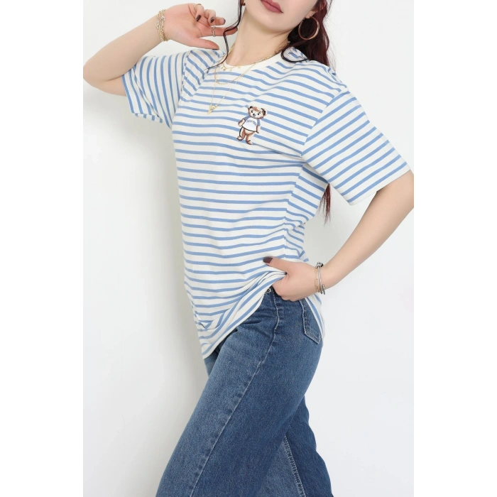 Baskılı Kompakt Penye Tişört Kremmavi - 55044.1872.