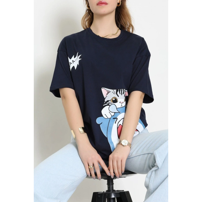 Baskılı Kompakt Penye Tişört Lacivertgri - 55044.1872.