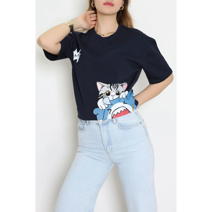 Baskılı Kompakt Penye Tişört Lacivertgri - 55044.1872.