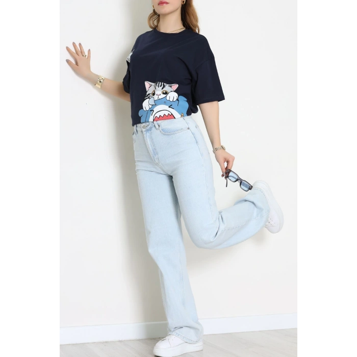 Baskılı Kompakt Penye Tişört Lacivertgri - 55044.1872.