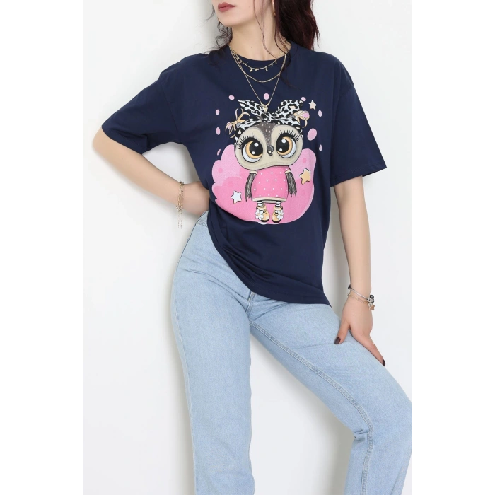 Baskılı Kompakt Penye Tişört Lacivertleopar - 55044.1872.