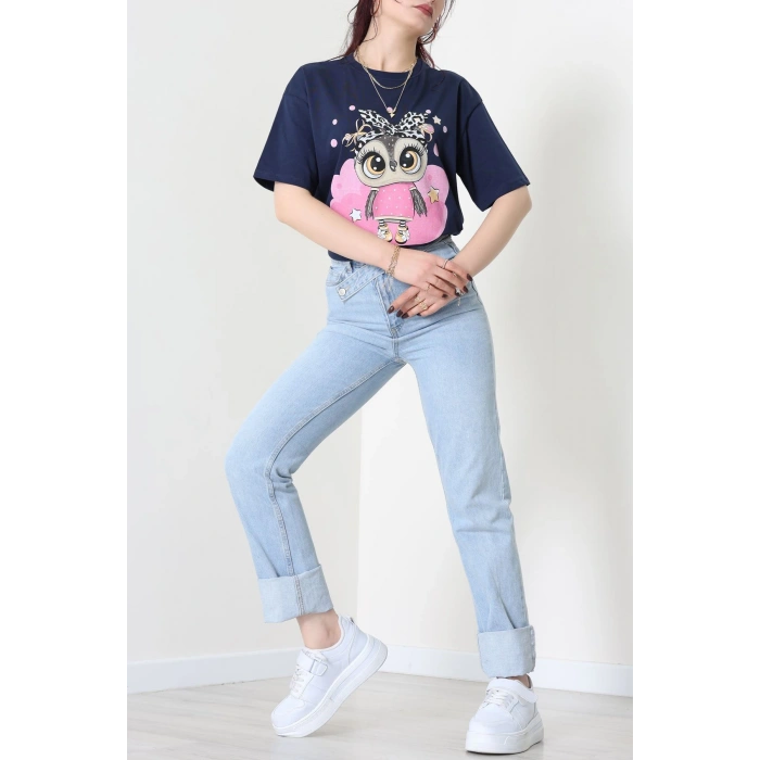 Baskılı Kompakt Penye Tişört Lacivertleopar - 55044.1872.