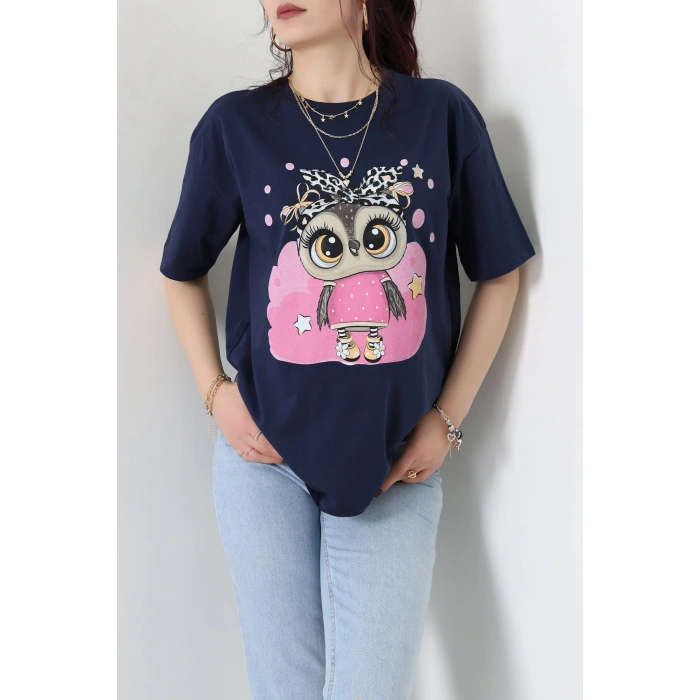 Baskılı Kompakt Penye Tişört Lacivertleopar - 55044.1872.