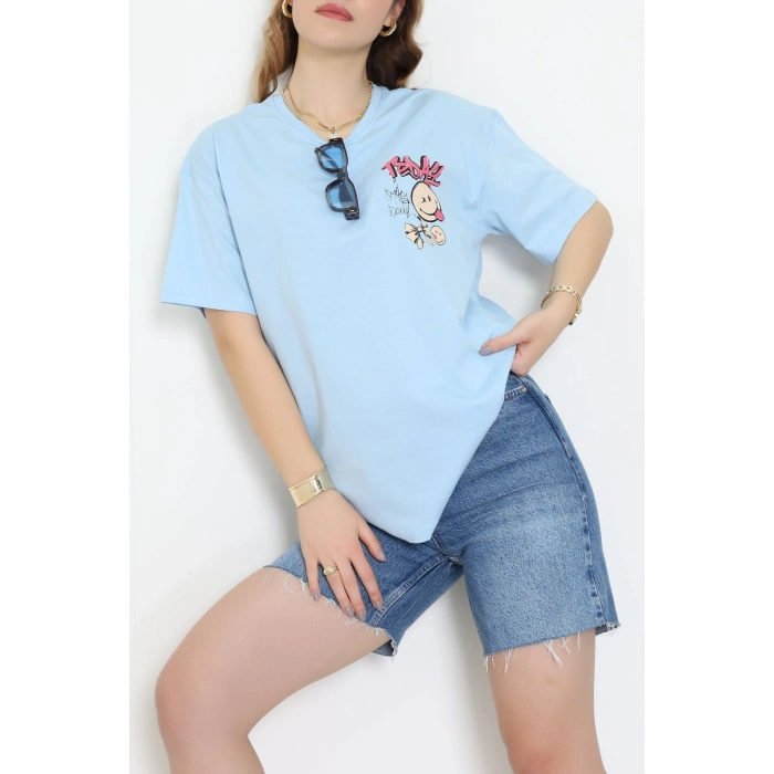 Baskılı Kompakt Penye Tişört Mavikırmızı - 55044.1872.