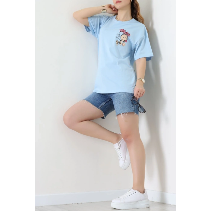 Baskılı Kompakt Penye Tişört Mavikırmızı - 55044.1872.