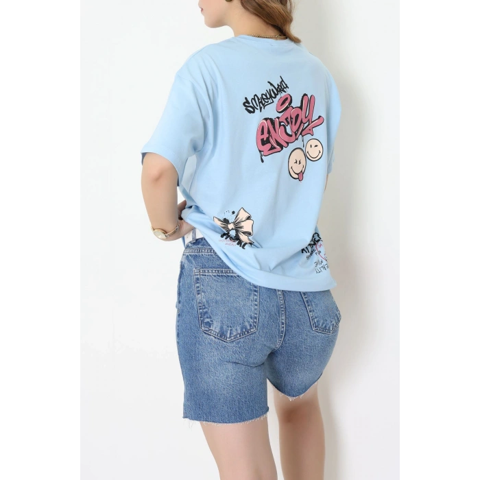 Baskılı Kompakt Penye Tişört Mavikırmızı - 55044.1872.